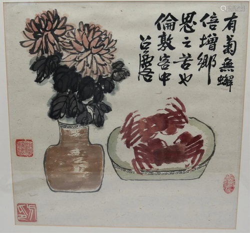 Signed Chinese Watercolor of Crabs and Flowers.