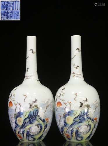 PAIR OF FAMILLE ROSE 'CRANES' BOTTLE VASES