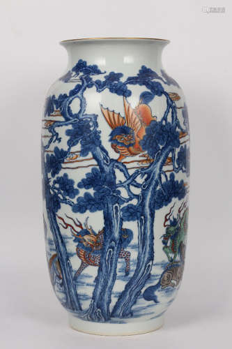 QING--CHINESE BLUE AND WHITE DOUCAI KYLIN PORCELAIN VASE