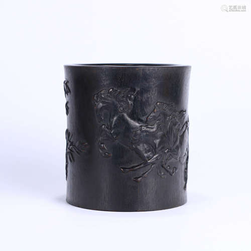 A HORSE PATTERN CARVED RED SANDALWOOD BRUSH POT