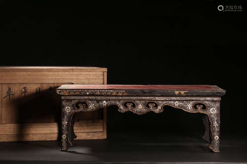 RED AND BLACK LACQUERED WOOD RECTANGULAR STAND WITH MOTHER-OF-PEARL INLAID FLOWERS