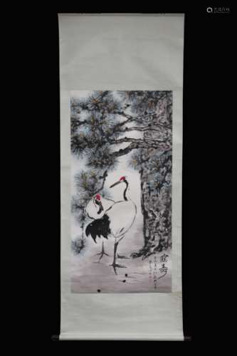 YANG SHANSHEN: INK AND COLOR ON PAPER PAINTING 'CRANES AND PINE TREES'