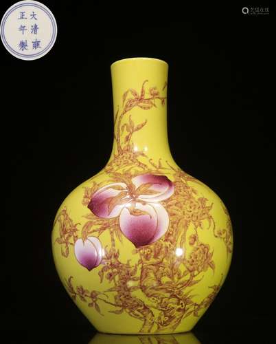 FAMILLE ROSE YELLOW GROUND 'PEACHES' VASE