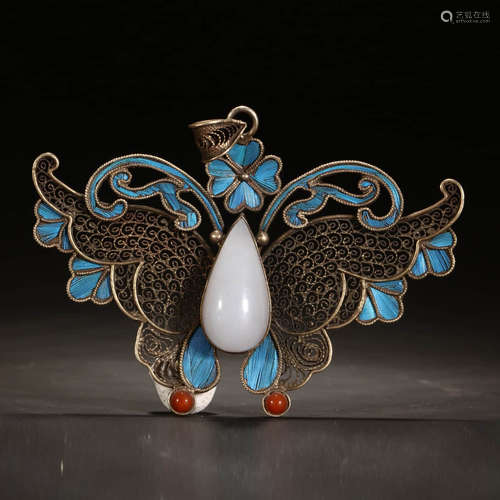 A GILD SILVER KINGFISHER CRAFT BUTTERFLY SHAPED PENDANT