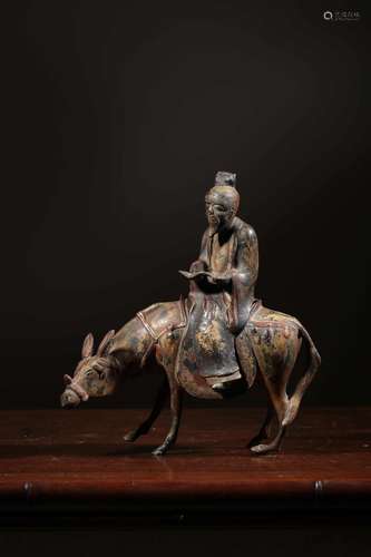 BRONZE CAST AND CARVED 'LAO ZI AND DONKEY' FIGURAL GROUP