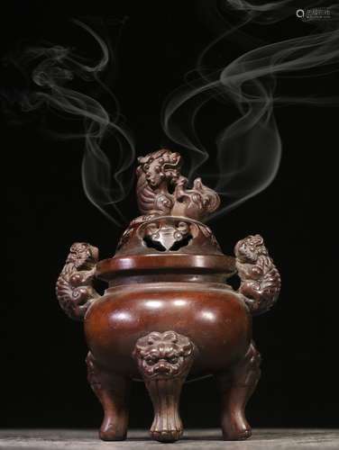 HUANGYANG WOOD CARVED 'LIONS' TRIPOD CENSER WITH LID