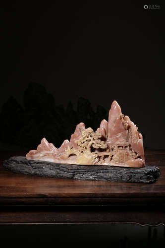 SHOUSHAN SOAPSTONE CARVED 'MOUNTAIN SCENERY' FIGURAL GROUP