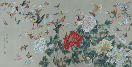 A CHINESE FLOWERS AND BUTTERFLIED PAINTING, WEN YING MARK