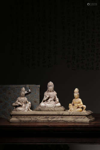 SET OF THREE SHOUSHAN SOAPSTONE CARVED 'GUANYIN' SEATED FIGURES