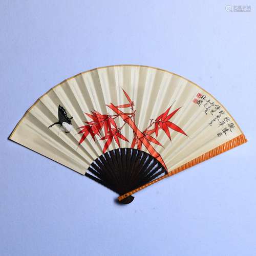 A CHINESE BAMBOO AND BUTTERFLY PAINTING FAN, YU FEICHANG MARK