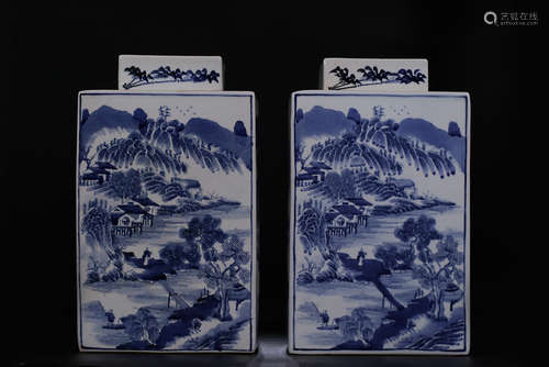 PAIR OF BLUE AND WHITE 'LANDSCAPE SCENERY' RECTANGULAR JARS WITH COVERS