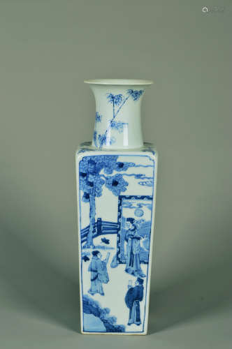 Chinese Qing Dynasty Kangxi Period Blue And White Porcelain Figures Story Pattern Square Bottle