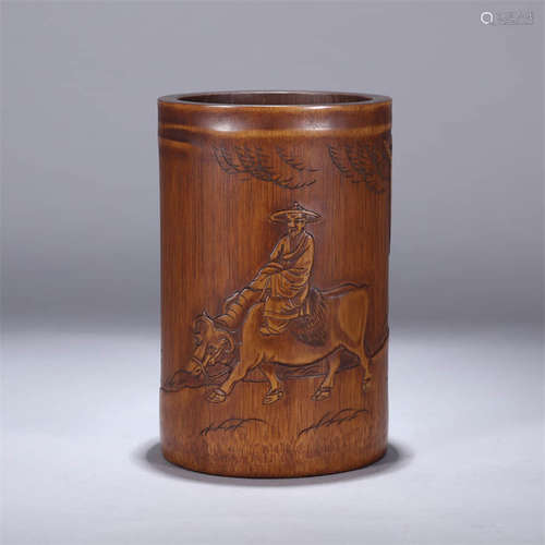 A ‘RIDING OX’ PICTURE CARVED BAMBOO BRUSH POT