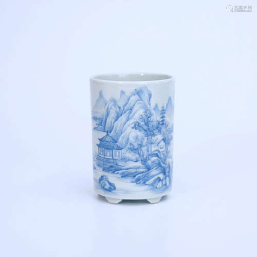 AN ENAMEL LANDSCAPE PATTERN PORCELAIN INSCRIBED BRUSH POT