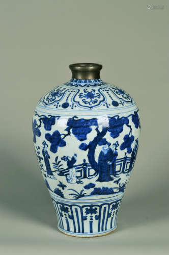 Chinese Ming Dynasty Jiajing Period Blue And White Porcelain Figure Story Pattern Plum Bottle