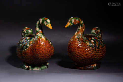 Chinese Pair Of Tricolor Porcelain Ornaments