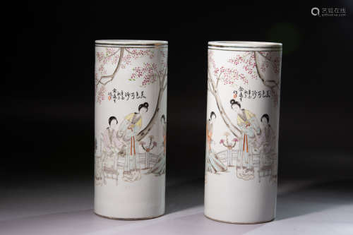 Chinese Famille Rose Porcelain Figures Story Pattern Hat Tube
