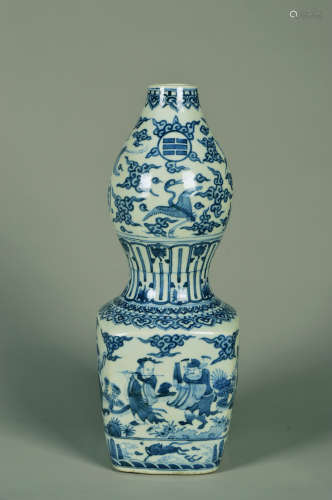 Chinese Ming Dynasty Wanli Blue And White Figures Story Pattern Gourd Shape Bottle