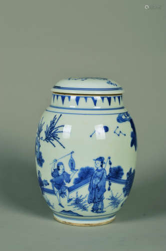 Chinese Blue And White Figures Story Pattern Porcelain Jar