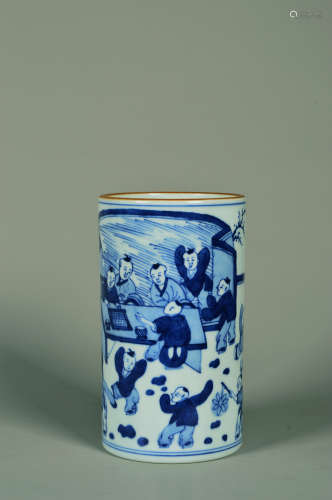 Chinese Qing Dynasty Kangxi Period Blue And White Figures Story Pattern Brush Pot