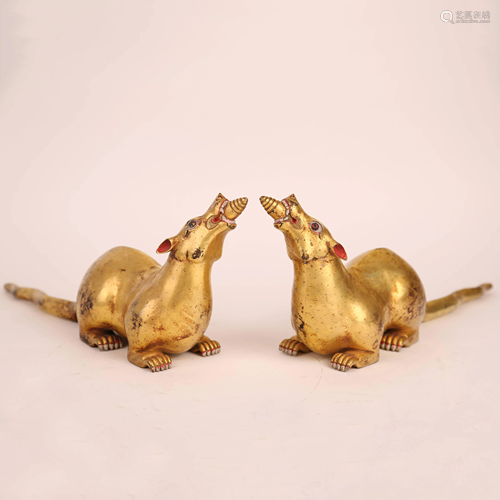 A pair of gilt bronze lucky rats, 19th century