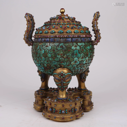 Eighteenth Century Bronze Furnace Inlaid with Babao