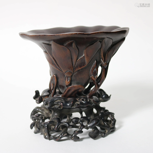 18th Century Agarwood Carved Lotus Leaf Cup