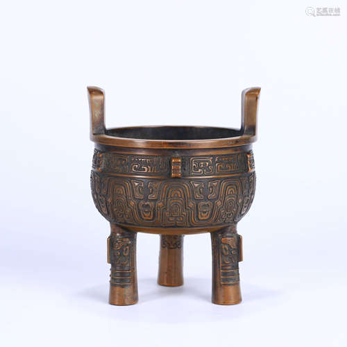 A THREE-LEGGED DOUBLE EARS BRONZE INCENSE BURNER