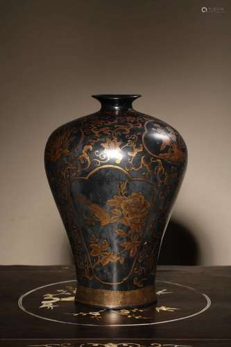 BLACK LACQUER WOOD AND GILT 'FLOWERS AND BIRDS' VASE