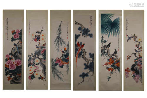 6PCS CHINESE FLOWER AND BIRD PAINTING SCREENS, YAN BOLONG MARK