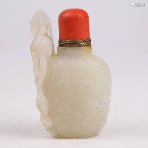 18th Century White Jade Snuff Bottle [Carved Dragon]