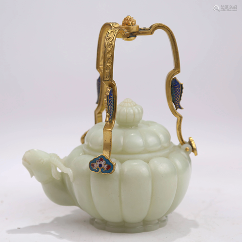 19th century white jade melon-shaped gilt handle pot