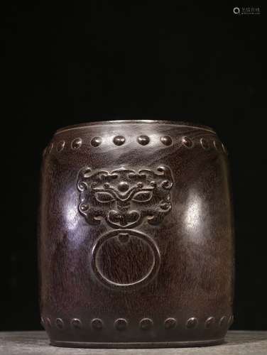 ZITAN WOOD CARVED 'LION MASK' BRUSH POT