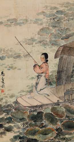 A CHINESE LOTUS AND FIGURE PAINTING, DENG FEN MARK