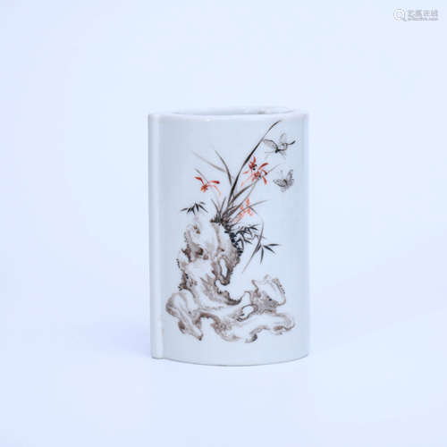 A GRISAILLE ORCHID PORCELAIN INSCRIBED BRUSH POT