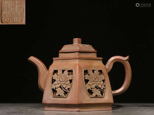 YIXING ZISHA RELIEF CARVED OPEN MEDALLION 'FLOWERS' HEXAGONAL TEAPOT