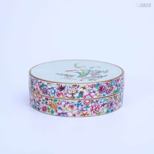 AN ENAMEL FLORAL PORCELAIN BOX WITH COVER