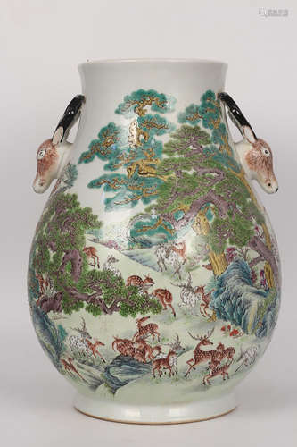 QING--CHINESE FAMILLE ROSE A HUNDRED DEERS PORCELAIN VASE