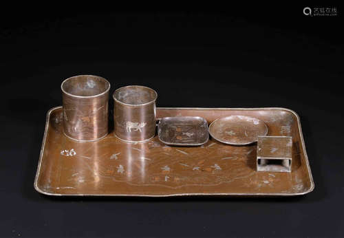 SET OF SIX BRONZE CAST AND SILVER INLAID SMOKING UTENSILS