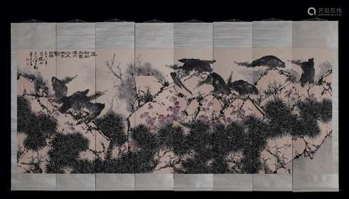 PAN TIANSHOU: SET OF EIGHT INK AND COLOR ON PAPER PAINTING 'EAGLES'