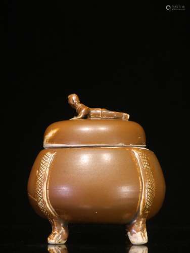 TEA DUST GLAZED 'CHILD' BULBOUS TRIPOD CENSER WITH LID