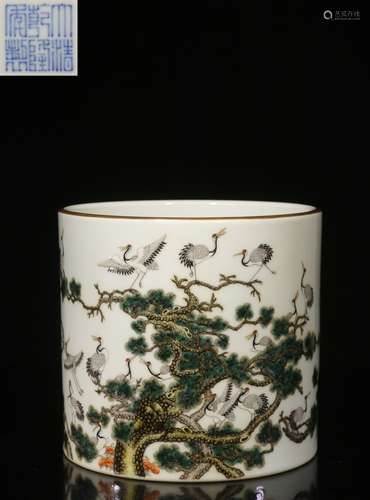 FAMILLE ROSE 'CRANES AND PINE TREES' BRUSH POT