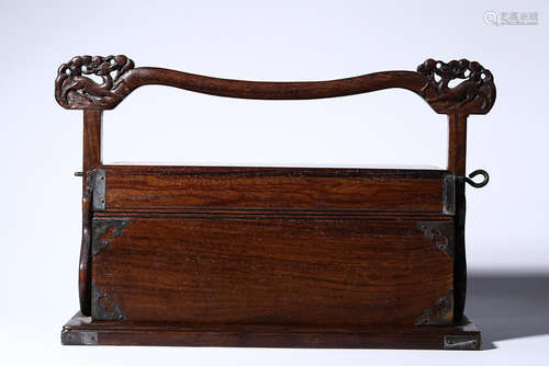 HONGMU WOOD CARVED RECTANGULAR BOX WITH LIFTING HANDLE