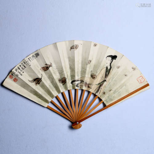 A CHINESE FIGURE PAINTING FAN,FU BAOSHI MARK