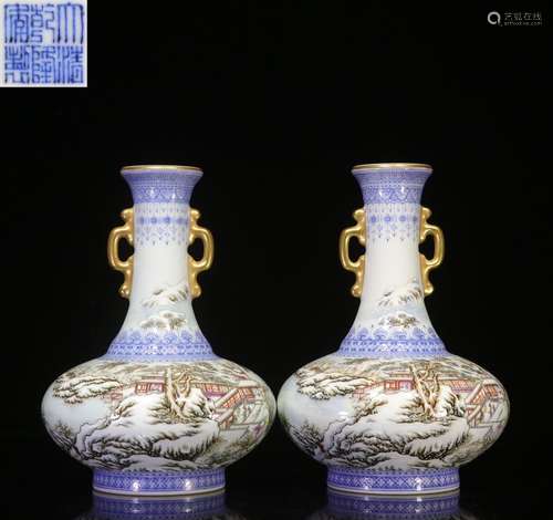 PAIR OF FAMILLE ROSE AND GILT 'SNOW SCENERY' VASES WITH HANDLES