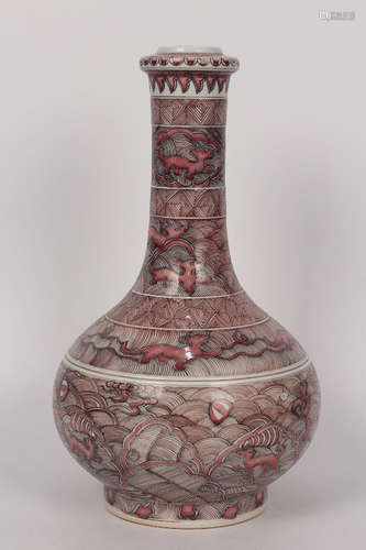 QING--CHINESE UNDERGLAZE RED SEA BEATS PORCELAIN VASE