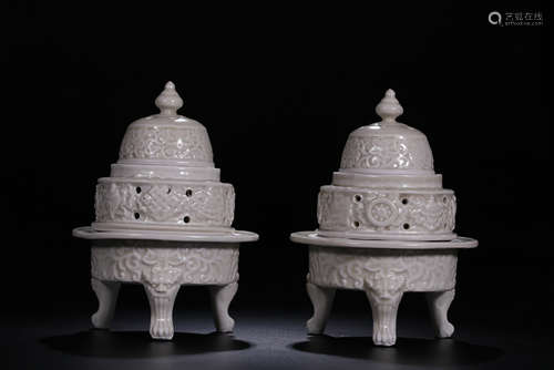 PAIR OF DING WARE TRIPOD INCENSE BURNERS