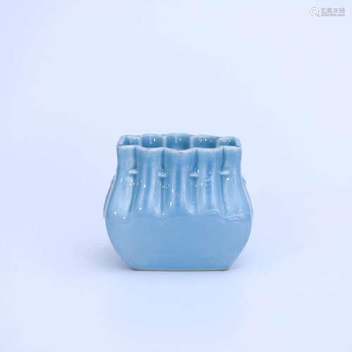 A SKYBLUE GLAZE PORCELAIN POUCH SHAPED BRUSH POT