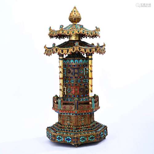 A GEM INLAID GILD BRONZE PRAYER WHEEL