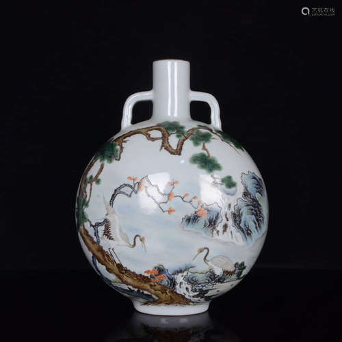 AN ENAMEL FLOWER&BIRD PATTERN LANDSCAPE PORCELAIN OBLATE VASE